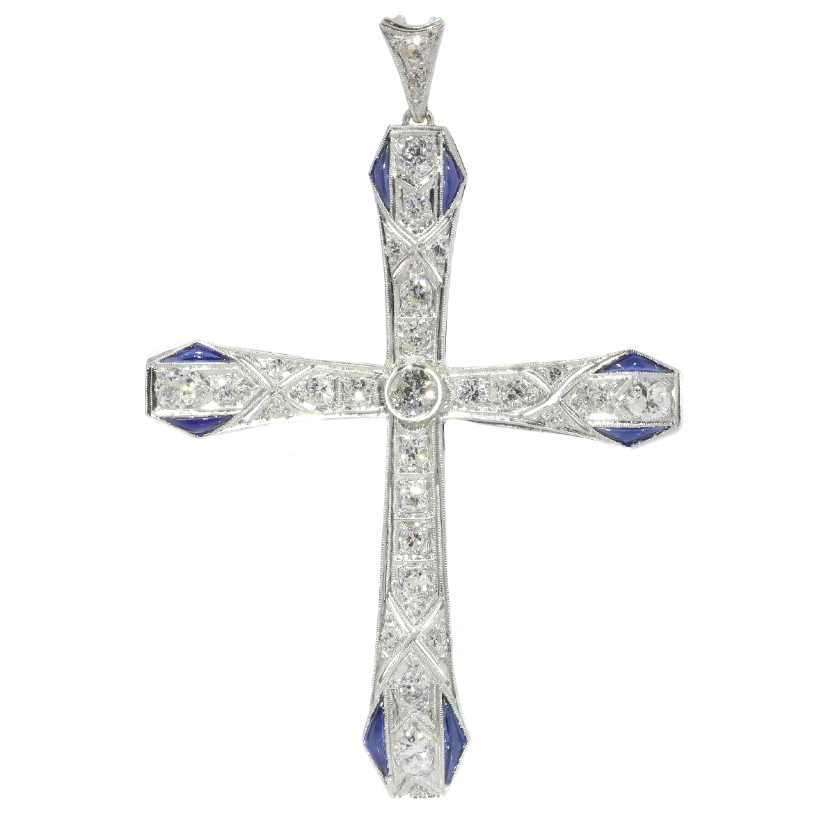 Art Deco platinum diamond and sapphire cross